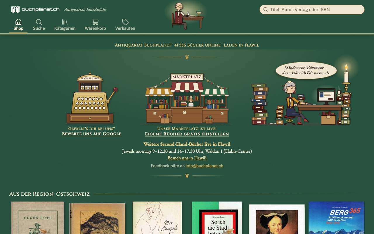 Screenshot der Startseite von buchplanet.ch: Antiquariat Buchplanet mit Suche, Marktplatz und Laden in Flawil