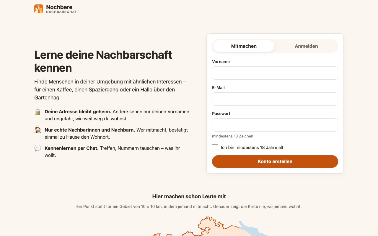 Screenshot der Startseite von nochbere.ch: Lerne deine Nachbarschaft kennen, mit Anmeldung und Karte